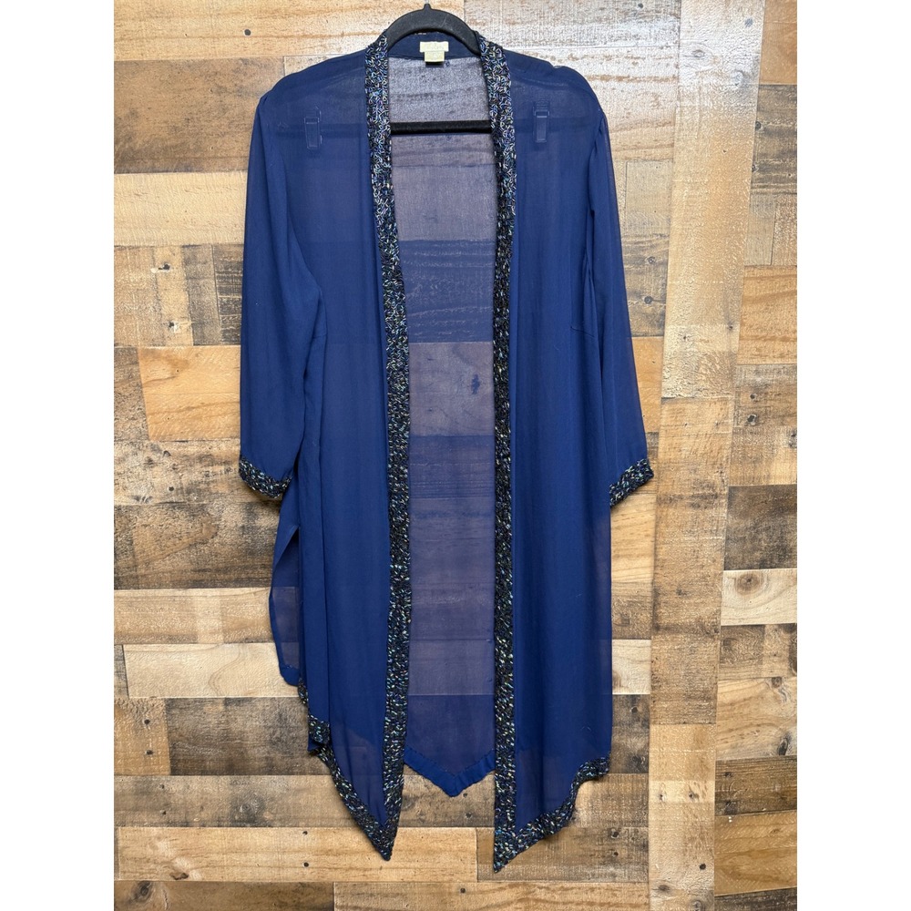 T. Rose Navy Blue Sheer Beaded Kimono Cardigan Iridescent Bugle Beads 2X